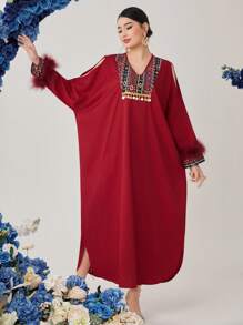 SHEIN Najma Women's Patchwork Embroidery Plush Cuff V-Neck Loose Batwing Sleeve Kaftan Dress - Red - View 3