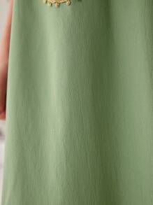 1 Pieza Vestido De Manga Corta Y Falda Con Aplicaciones Bordadas En Bloques De Color Y Borde Difuso Para Chicas Adolescentes - Verde - Ver 8