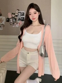 DAZY 女式鬆身純色長袖開衫外套 - 粉色 - 查看 8