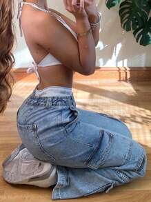 NVFelix New Women's Autumn Y2K Cargo Jeans - Loose Straight-Leg Denim Pants With Multi-Pockets - Medium Wash - View 3