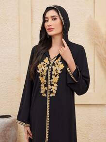 Al Najma 女士拼布编织腰带长袖土耳其束腰外衣，朴素的卡夫坦 - 黑色 - 查看 7