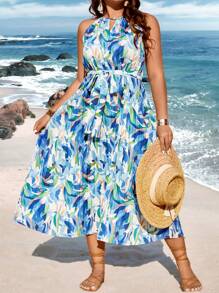 SHEIN Clasi Abito Estivo A Pieghe Con Collo Halter E Stampa Vegetale Per Signora Taglia Grande - Multicolore - Visualizzare 6