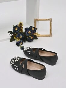 Zapatos Planos Para Niñas Con Correa Cruzada De Perlas Doradas Para Bodas, Escenificaciones Y Princesas