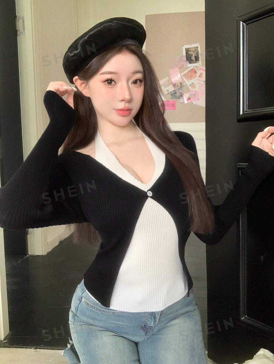 DAZY Suéter de mujer de manga larga con ajuste delgado y contraste de blanco y negro, ropa de otoño