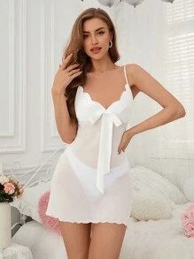 女士撞色网眼吊带睡衣裙，贝壳下摆，蕾丝边 - 白色 - 查看 1