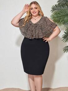 SHEIN CURVE+ Women'S Plus Size Leopard Print Patchwork Off-Shoulder Split Sleeve Bodycon Dress - Multicolor - View 3