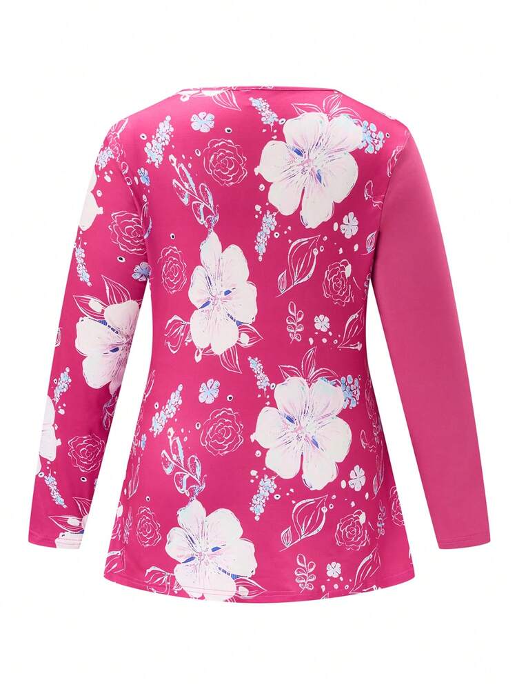 Plus Size Floral Print Spliced T-Shirt Fall Cloth For Women