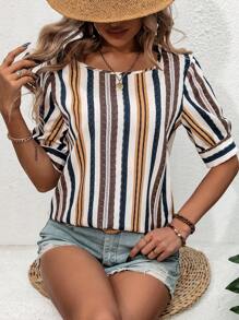 SHEIN LUNE Women'S Striped Square Collar Shirt - White - View 6