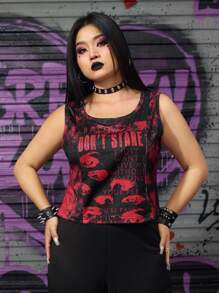 ROMWE Grunge Punk Plus Size Women'S Tie Dye Fabric Eye & Letter Print Tank Top - Red - View 1