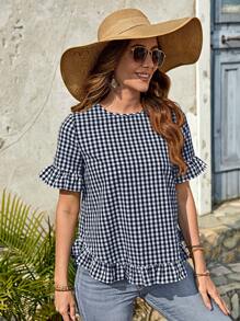 EMERY ROSE Women's Black And White Plaid Print Ruffle Trim Short Sleeve Round Neck Summer Blouse