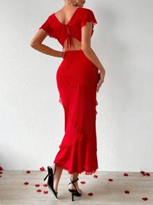 SHEIN Privé 情人节浪漫红色女士荷叶边装饰紧身连衣裙 - 紅色 - 查看 2