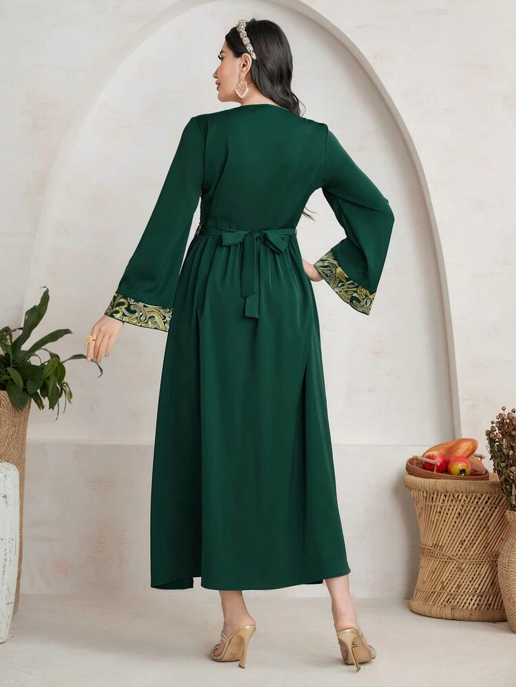Women's Embroidered V-Neck Cinching Waist Loose Moroccan Kaftan Dress