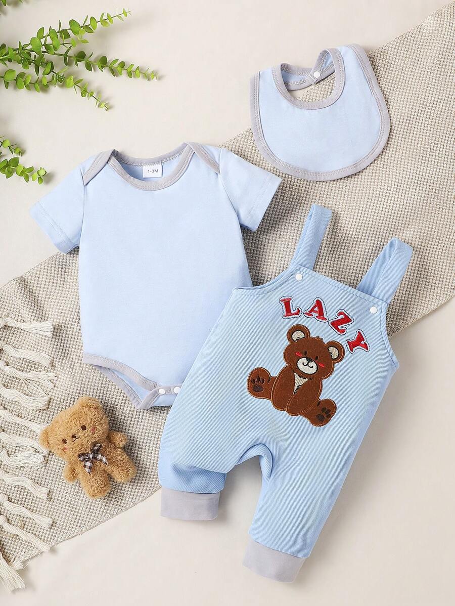 SHEIN 3入組寶寶男孩可愛刺繡熊連身褲套裝，含背帶和短袖連身衣，適用於春夏日常穿著