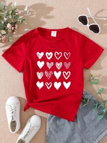 年輕女孩可愛愛心印花短袖t恤 - 酒紅色 - 查看 1
