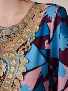 Al Najma Vestido Estampado Bordado Com Decote Redondo E Ajuste Solto - Multicolorido - Ver 7