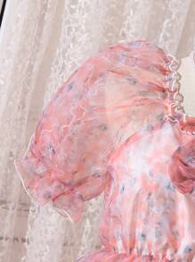 Robe À Manches Bouffantes Élégante En Maille Et Imprimé Floral Pour Adolescentes - Rose bonbon - Voir 5