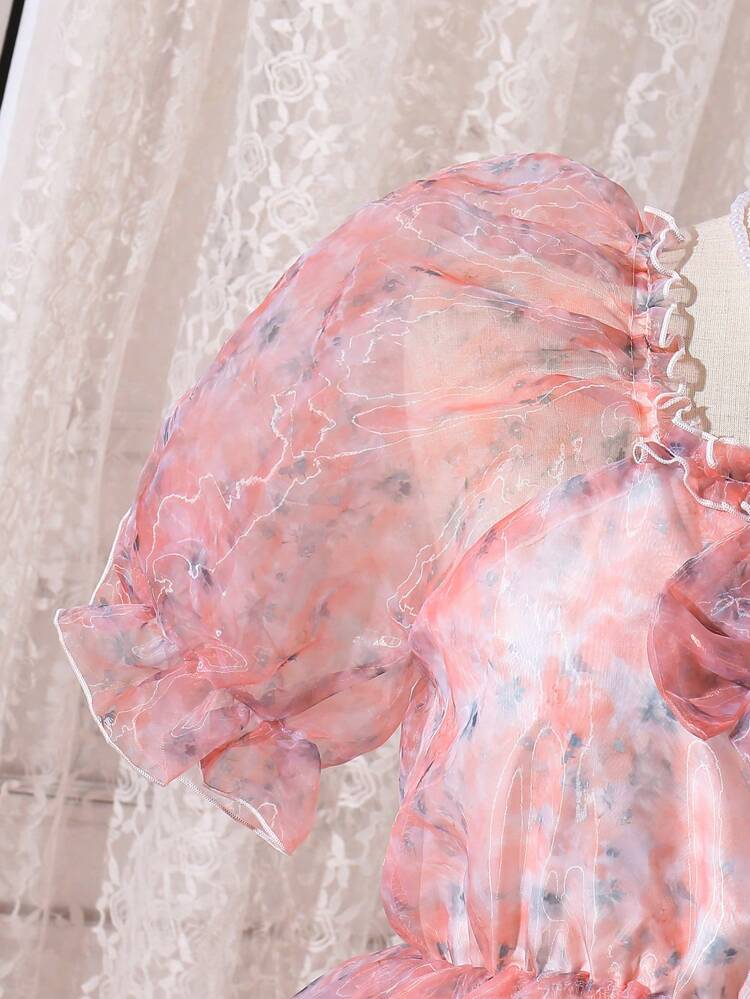 Teen Girls' Elegant Mesh & Flower Print Puff Sleeve Dress