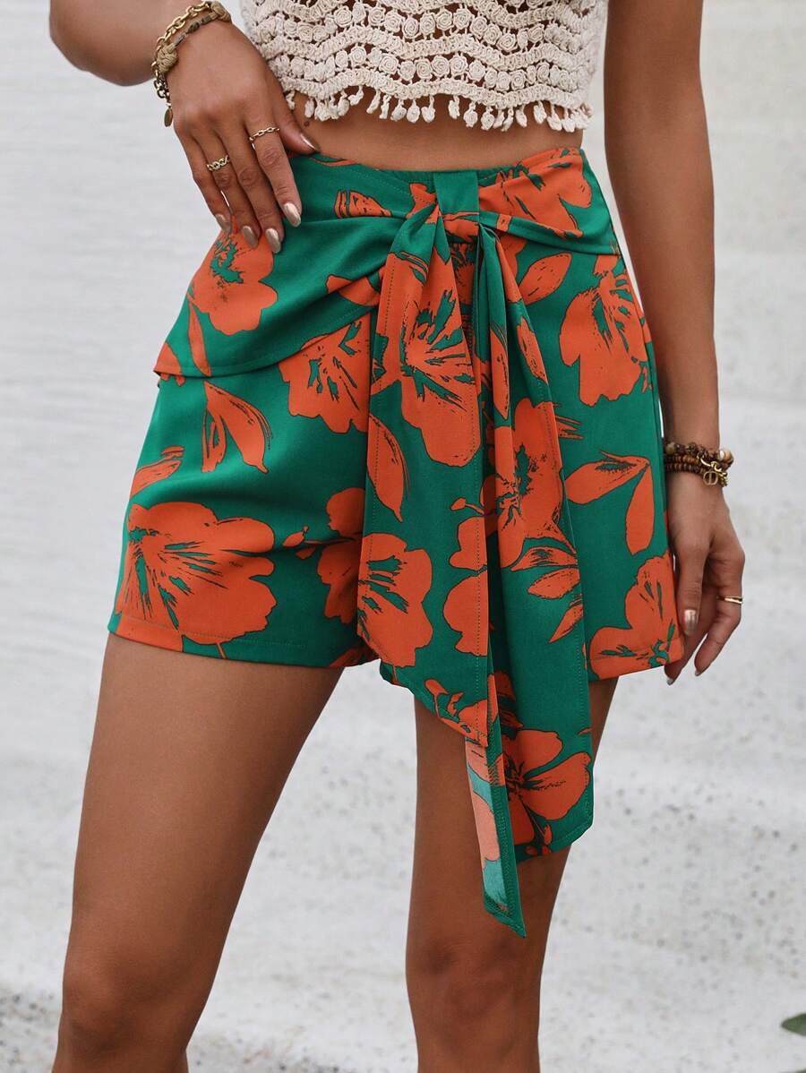 Breezaya Ladies' Floral Print Front-Tie Shorts - Green - View 1