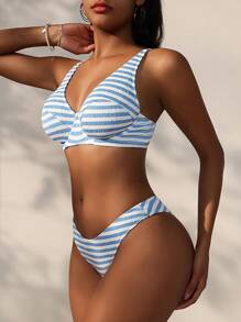 SHEIN Swim Summer Beach Ladies' Striped V-Neck Bikini Set - Multicolor - View 5