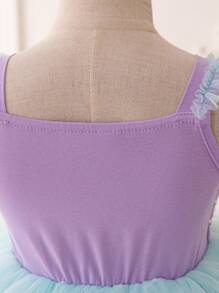 SHEIN Glamorique Kids 少女們華麗的帽式短袖人魚公主圓舞裙,帶海貝珠和網紗,紫色/綠色