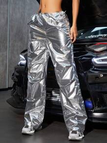Rave Street Metallic Silver Drawstring Waist Ruched Detail Slant Pocket Parachute Cargo Pants Daily Casual Dating Trousers - Silver - View 6