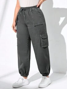 SHEIN Essnce Kích thước lớn Eo cao Dây rút Quần jean chở hàng , Màu xám , Chế tạo Của 100% - Xám - Xem 3