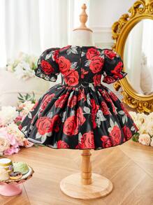 SHEIN Baby Girls Elegant Rose Floral Short Sleeve Cinched Waist Dress, Mommy And Me Matching Outfits (2 Piece Set Sold Separately) - Black - View 10