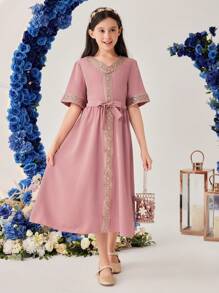 SHEIN Tween Girl Round Neck Short Sleeve Style Dress With Gold Ribbon, Mid-Length - Pink - View 5