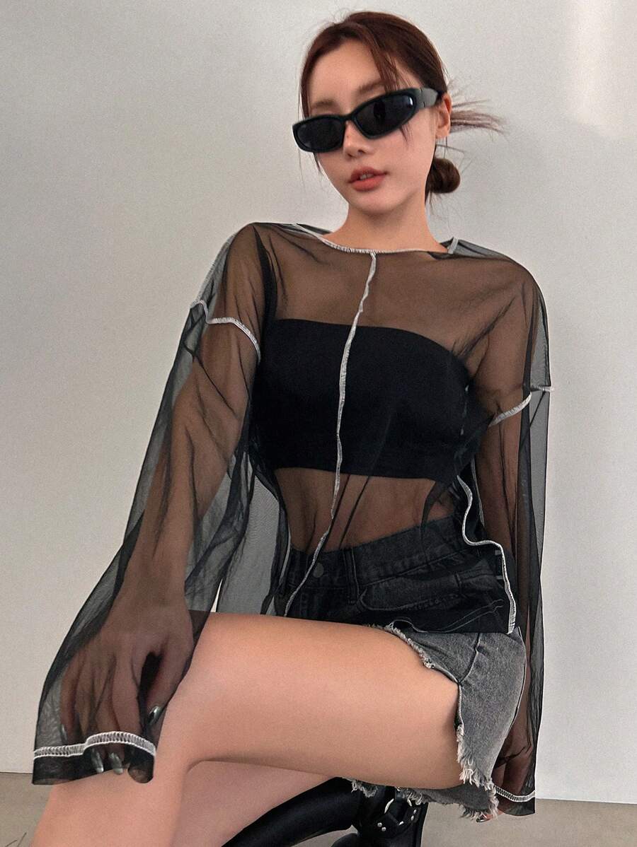 DAZY 1pc Loose Fit Round Neck Sheer Mesh Paneled Long Sleeve Top With Color Blocking And Contrast Stitching Detail For Women - Black - View 1