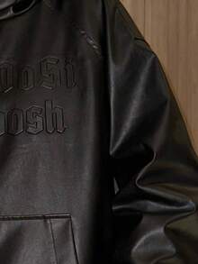 1pc Letter Print Pu Leather Hoodie Sweatshirt - Black - View 3