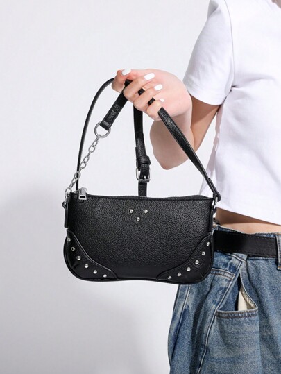 Goth Simple Bolso De Hombro Negro Claveteado Con Correa De Cadena Para Mujeres, De Moda Y Elegante