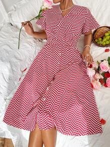 Chiquease Chấm bi In Cổ chữ V Vòng eo đế chế Đầm - Đỏ - Xem 4