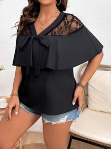 Calvaya 大尺碼女士蕾絲拼接荷葉邊襯衫 - 黑色 - 查看 5