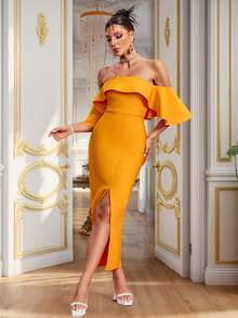 Women's Orange Wave Ruffles Off-Shoulder Front Slit Maxi Evening Dress With Asymmetric Hem - Orange - View 5