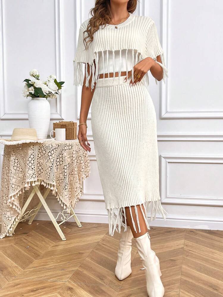 Women' Fringe Hem Patchwork Sweater And Skirt Set