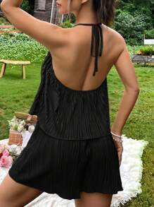 SHEIN VCAY 女士打摺布實色質感露背上衣和短褲套裝