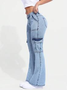 SHEIN EZwear 女款牛仔工裝喇叭褲 - 淺色水洗藍 - 查看 1