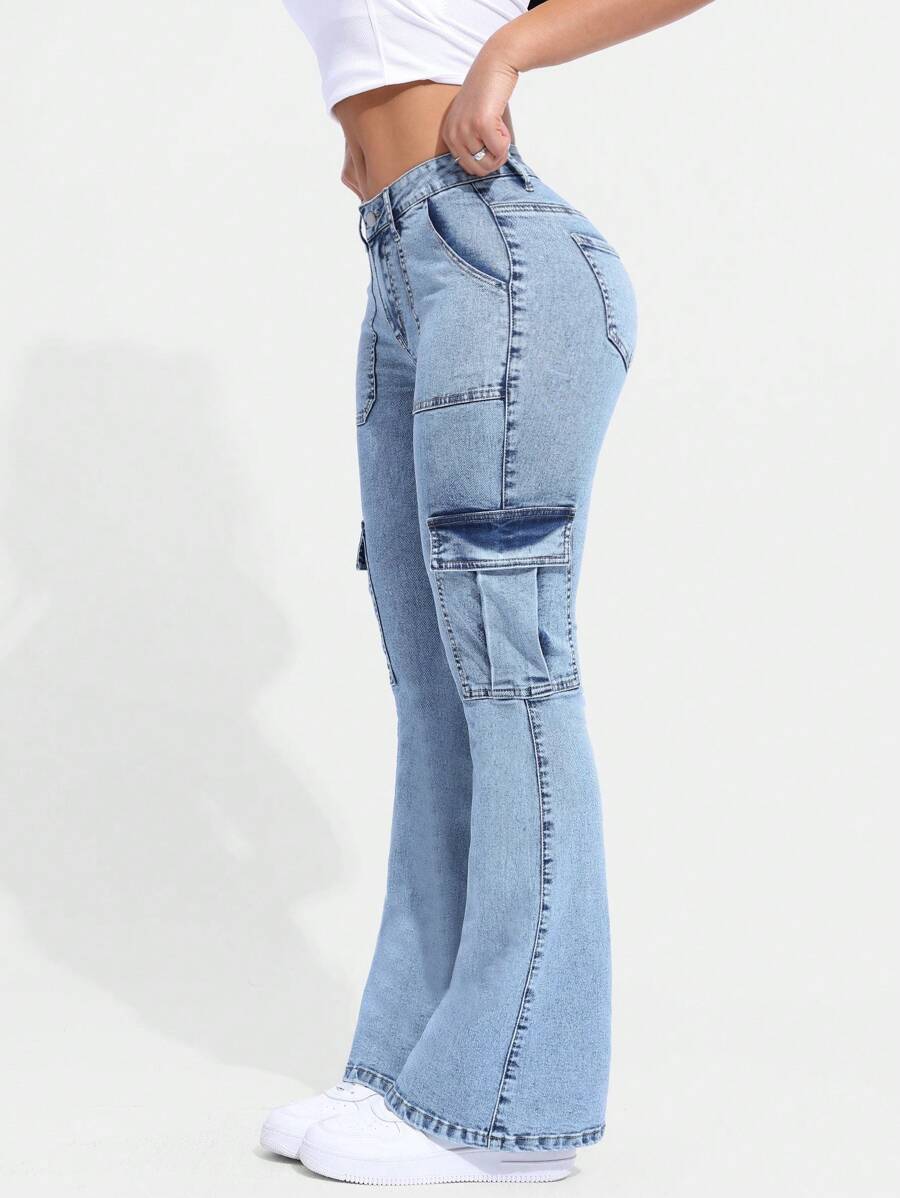 SHEIN EZwear 女款牛仔工裝喇叭褲 - 淺色水洗藍 - 查看 1