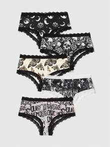 ROMWE Goth Của phụ nữ Sọ & Bướm & Chữ cái & Mắt Mẫu In Nối Ren Cắt tỉa Đồ lót Bộ , 5 cái - Nhiều màu - Xem 1