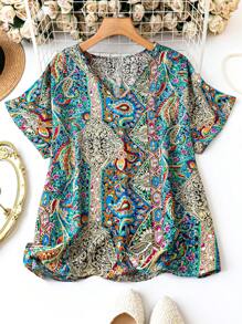 EMERY ROSE Plus Size Paisley Print Full Coverage V-Neck Blouse Western Wear, Summer