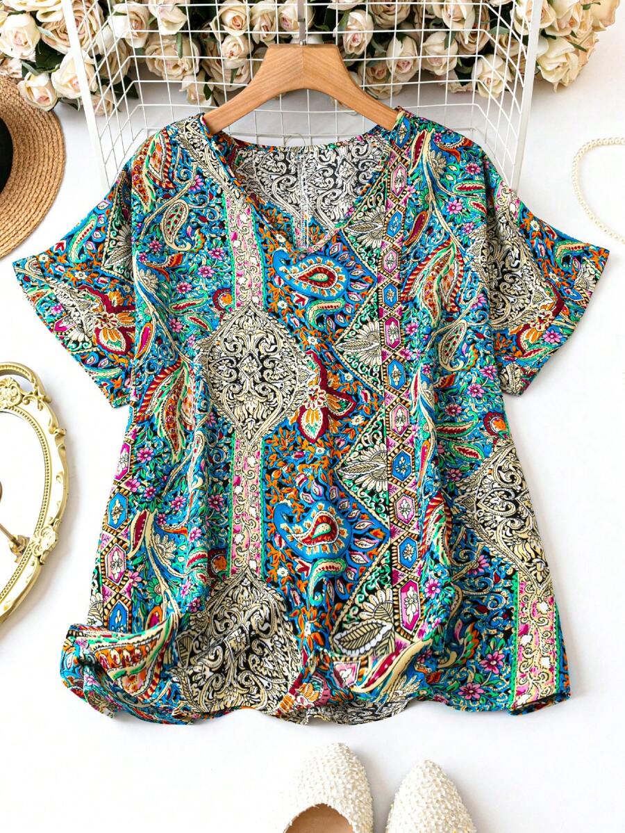 EMERY ROSE Plus Size Paisley Print Full Coverage V-Neck Blouse Western Wear, Summer