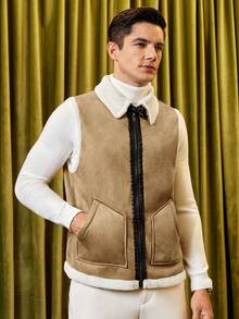 GENTILAND 寬鬆版型男士泰迪絨內裡無袖拉鍊外套 - 卡其色 - 查看 7