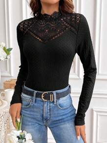 SHEIN Frenchy Camiseta Ajustada Con Empalme De Encaje Negro De Jacquard Con Textura Para Mujer - Negro - Ver 1