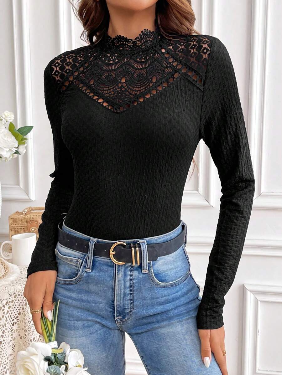 SHEIN Frenchy Women's Texture Jacquard Black Lace Splicing Slim Fit T-Shirt Winter Casual - Black - View 1