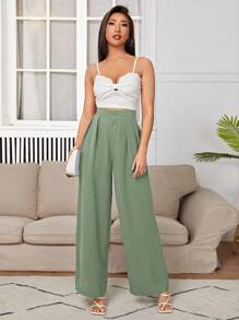 SHEIN PETITE Women's Pleated Loose Fit Wide Leg Pants