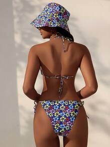 Swim Mod Summer Beach Women's Flower Printed Knot Front And Tie Side Bikini Set