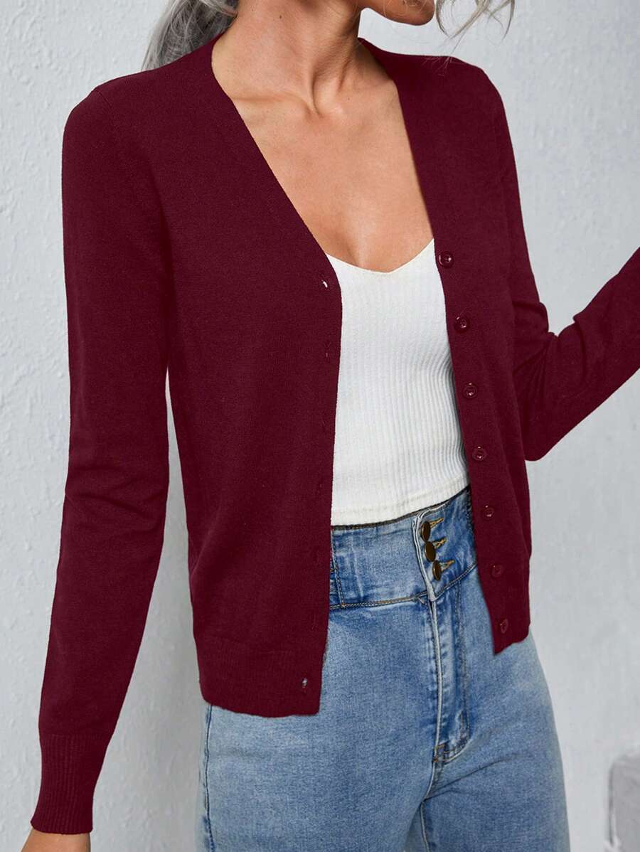 SHEIN Frenchy Single-Breasted Long Sleeve Cardigan,Long Sleeve Tops,Knitted Sweater In Fall/Winter Christmas Red New Year Burgundy Casual Valentine's Day - Burgundy - View 1