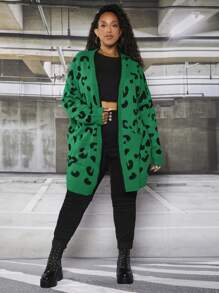 SHEIN CURVE+ Plus Leopard Pattern Drop Shoulder Cardigan - Green - View 4