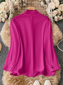 SHEIN Clasi 大码女式拼色工作衬衫（配领结） - 玫紅色 - 查看 2