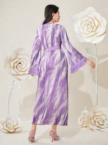 Modelyn Ladies Fringe Hem V-Neck Splicing Dress - Purple - View 2